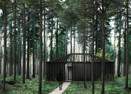 Charred Wooden Façade Embraced by Nature in a Tranquil Retreat  