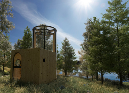 Suspended Net Structure Crafted from Engineered Wood and Panoramic Glazing for a Serene Retreat
