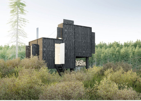 Charred Plywood Cabin Embracing Rainwater Harvesting for Serene Retreat  