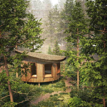 Thatch-Roofed Retreats Crafted from Natural Timber in a Tranquil Woodland Setting  
