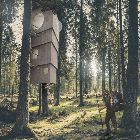 Elevated Living Through Timber Clamps and Circular Glass Windows in a Forest Retreat  