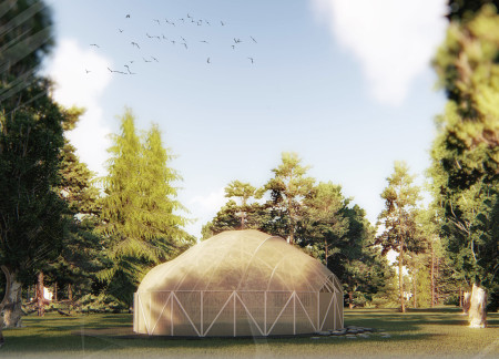 Translucent Polyester Coated Dome Built From Recycled Timber Creating Serene Meditation Space