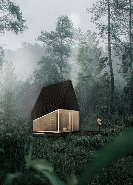 Charred Timber Retreat Featuring Cross-Laminated Structure Within the Forest Canopy