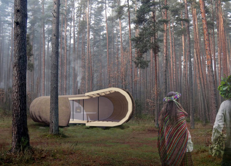 Spiral Timber Retreat Blending Nordic Spruce and Thatch in a Forested Sanctuary