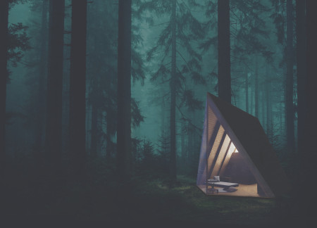 Charred Wooden Shingles and Natural Slate Form a Peaceful Retreat Elevated Above the Forest Floor