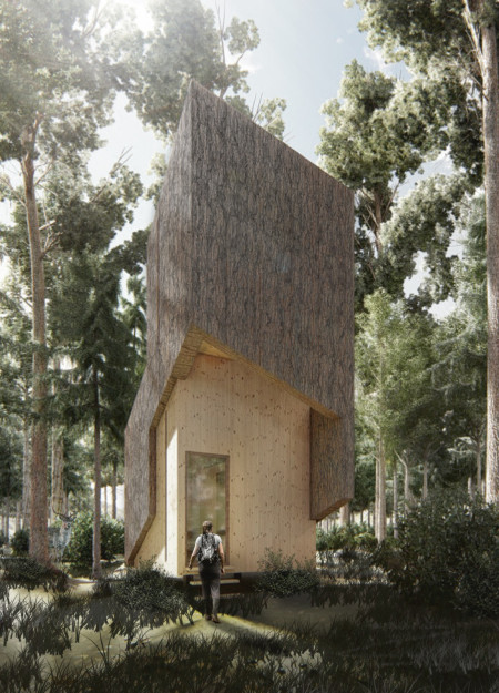Textured Wood Bark Exterior Envelops A Compact Meditation Retreat
