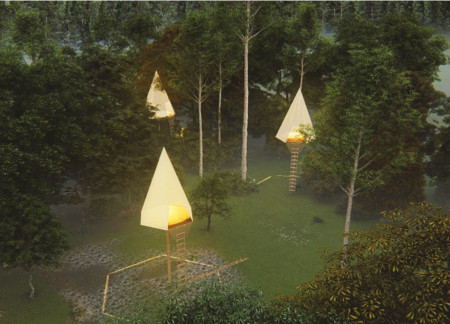Ventilated Roofs and Hexagonal Footprints Crafted from Impregnated Wood in a Sustainable Retreat