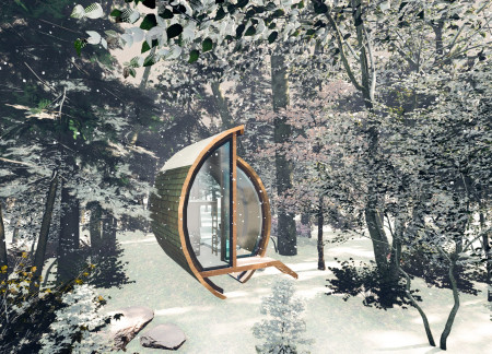 Curvilinear Cabin Crafted From Laminated Wood and Natural Shingles Emphasizing Eco-Friendly Living