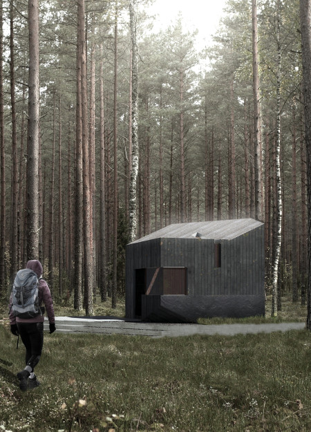 Charred Wooden Shingles and Cross-Laminated Timber Cabins Embracing Solitude in a Forest Retreat  