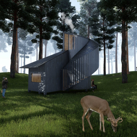 Harmony of Charred Shingles and Cross-Laminated Timber in a Forest Sanctuary