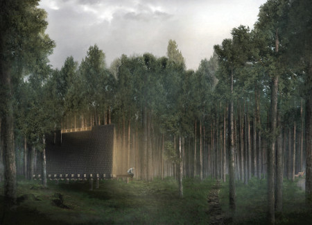 Triangular Retreat Crafted with Engineered Wood Panels in a Serene Forest Setting