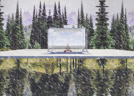 Concave Design and Operable Walls in a Raised Timber Cabin Emphasizing Natural Stone and Sustainable Materials  