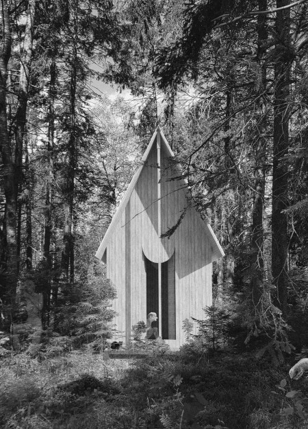 Elevated Roof Cabin With A Single Column and Natural Spruce Cladding in A Serene Forest Setting