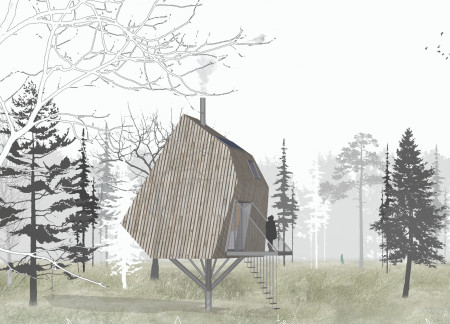 Elevated Retreat Crafted from Woodfiber and Solar Energy Integration in a Forest Setting