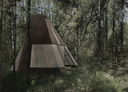 Meditation Retreat Crafted with Spruce Wood Panels and a Conical Roof in the Heart of the Latvian Forest