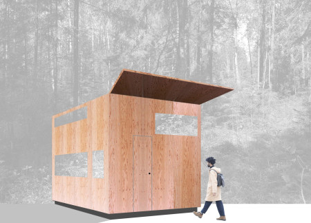 Reflection Pool Retreat Crafted From Plywood and Glass with Serene Forest Integration