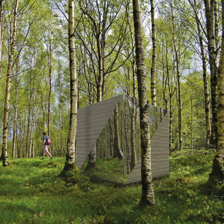 Forest retreat home featuring twisting geometry and natural oak cladding for sustainable living