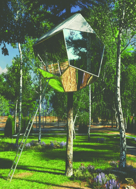 Mirror-Finished Hexagonal Retreat With Natural Insulation and Tree Canopy Integration