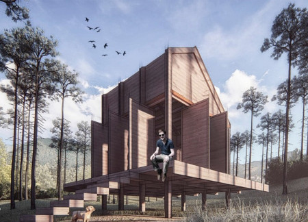 Meditation Retreat Featuring Cross-Laminated Timber and Charred Wooden Shingles in a Forested Setting