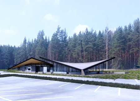 Charred Wooden Shingles and Glazed Community Hub Embracing Nature with Sustainable Materials