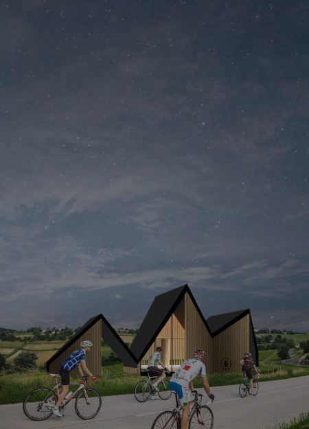 Charred Wooden Shingles and Panoramic Windows in A Modular Rest Area for Cyclists