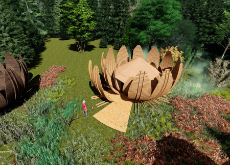Overlapping Petals of Softwood Create a Tranquil Meditation Retreat Embraced by Nature  