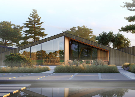 Charred Wooden Shingles and Panoramic Glazing Create a Tranquil Community Retreat in Nature