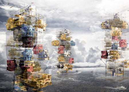 Elevated Living With Reclaimed Containers and Integrated Marine Ecosystems