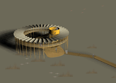 Elevated Observation Structure Crafted From Golden Mesh and Timber Ramps Emphasizing Environmental Engagement