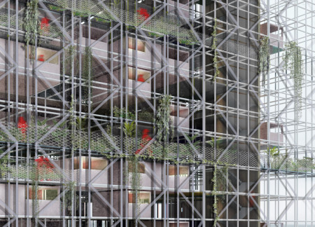 Flexible Living Spaces with Scaffolding Framework and Precast Concrete in Urban Environment  
