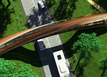 Elevated Curvilinear Structure Constructed with Glued-Laminated Timber in a Natural Landscape  