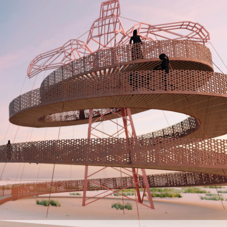Corten Steel Helix Tower Offering Elevated Views of Wetland Habitat  