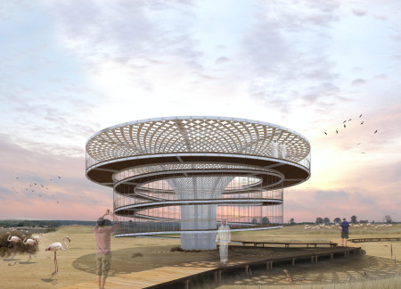 Spiral Observation Point Constructed With Stainless Steel and Natural Wood Elements ضمن Wetland Habitat