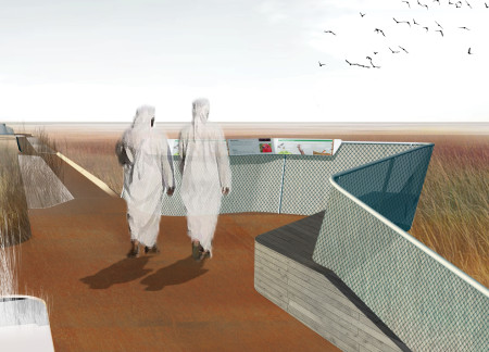 Weathering Steel And Copper Mesh Form An Elevated Observation Point Amidst The Wetlands