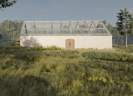 Indoor Garden Enclosed by Natural Stone and Low-E Glass in a Sustainable Guest House