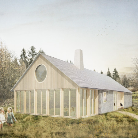 Circular Window Emphasizing Natural Light Enhances Stone and Timber Community Space  