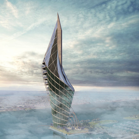 Curvilinear Concrete Tower Featuring High-Performance Glazing and Landscaped Terraces for Urban Engagement