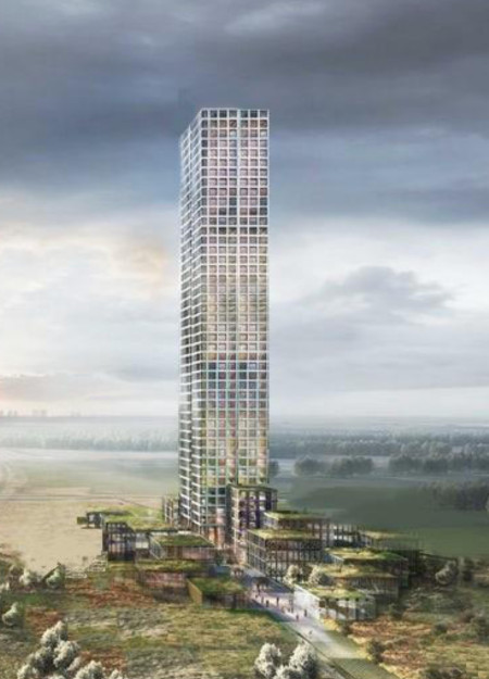 Glass Facade and Green Terraces in Sustainable Multi-Use Community Hub  