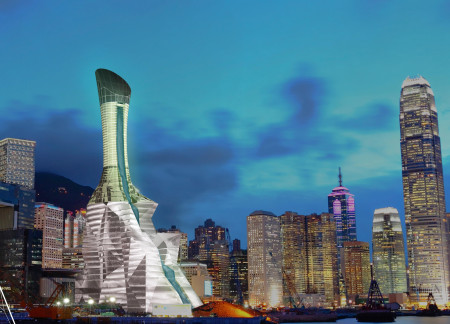 Curvilinear Seawater Energy Skyscraper with Vertical Gardens and Panoramic Views  