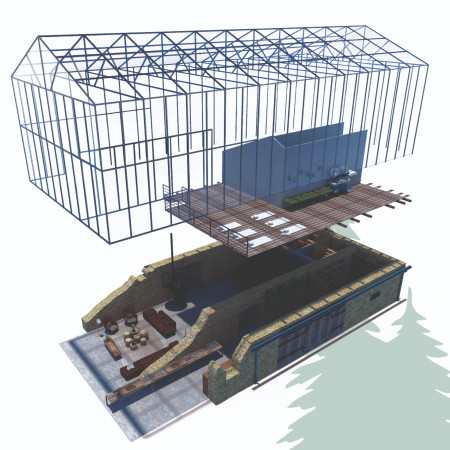 Glass Enclosure with Stone Walls Embracing Natural Ventilation and Flexible Spaces  