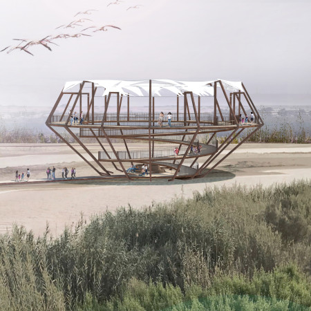 Corten Steel Framework and Fabric Canopy Elevating Wildlife Observation in Natural Marshlands
