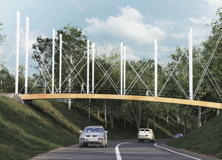 Tensioned Steel Cabling and Glulam Timber Form a Pedestrian Bridge Enhancing Natural Landscapes