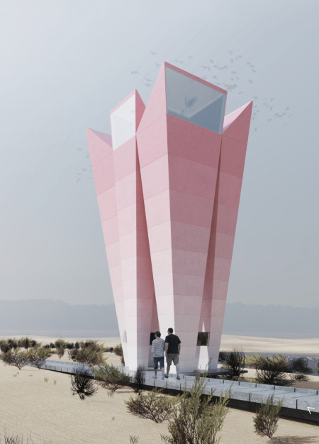 Ecological Viewing Structure with Angled Concrete Panels and Integrated Periscopes  