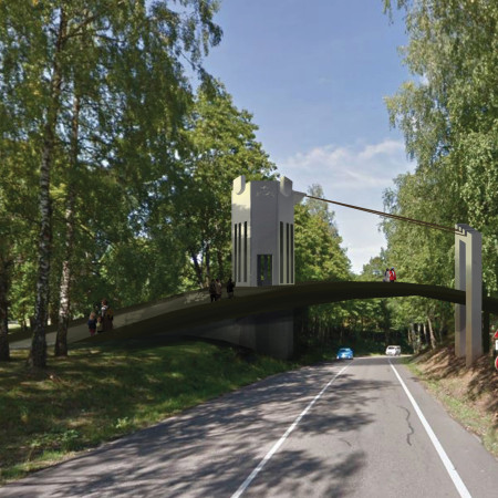 Suspended Concrete Structure with Tensioned Steel Cables Overlooking Natural Terrain