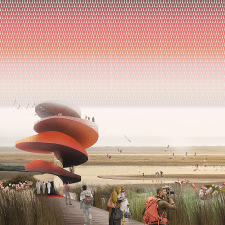 Spiraling Observation Tower Crafted with Reflective Ceramics and Sustainable Materials Overlooking Wetland Ecosystem