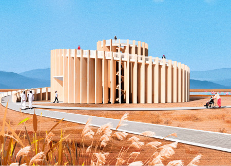 Spiral Observation Tower Crafted from Laminated Veneer Lumber with Glass Enclosure Overlooking Al Wathba National Park