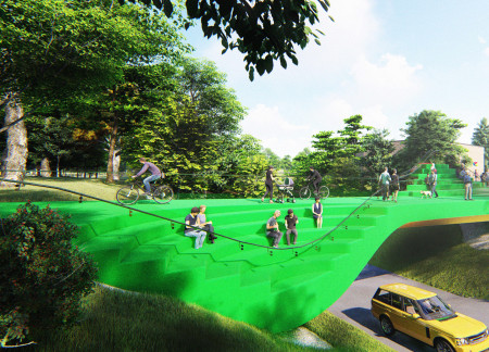 Terraced Footbridge Featuring Reclaimed Timber and Transparent Glazing in Natural Landscape