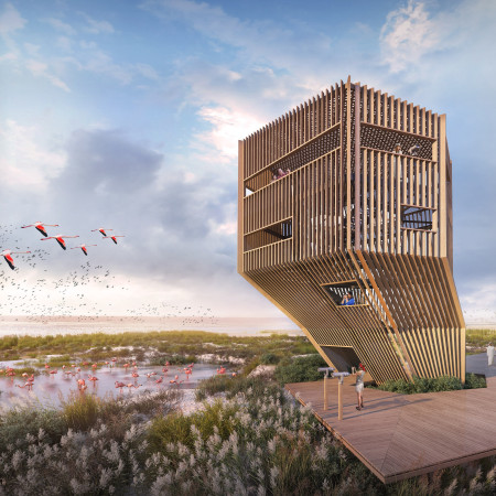 Elevated Observation Point Crafted From Recycled Aluminum and Glulam Timber Overlooking Ecologically Rich Marshland