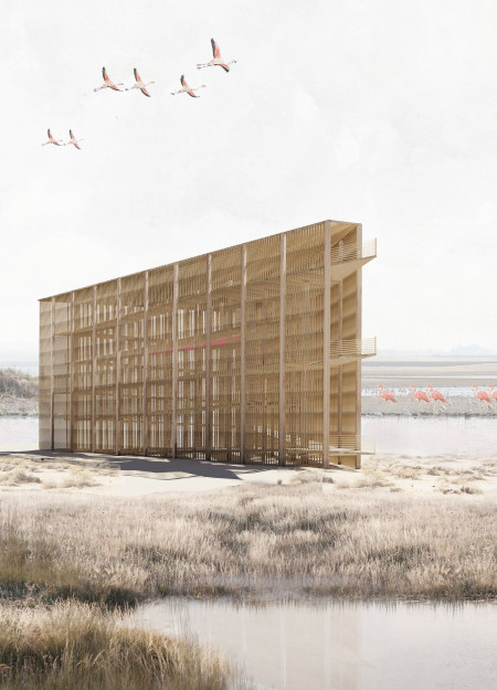 Observation tower featuring glulam timber and bamboo within a wetland ecosystem