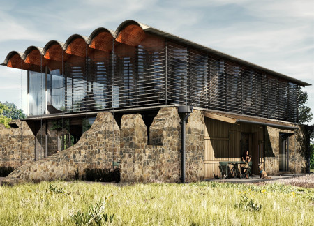 Curved Terracotta Roof and Natural Material Interplay in a Contemporary Tea House  